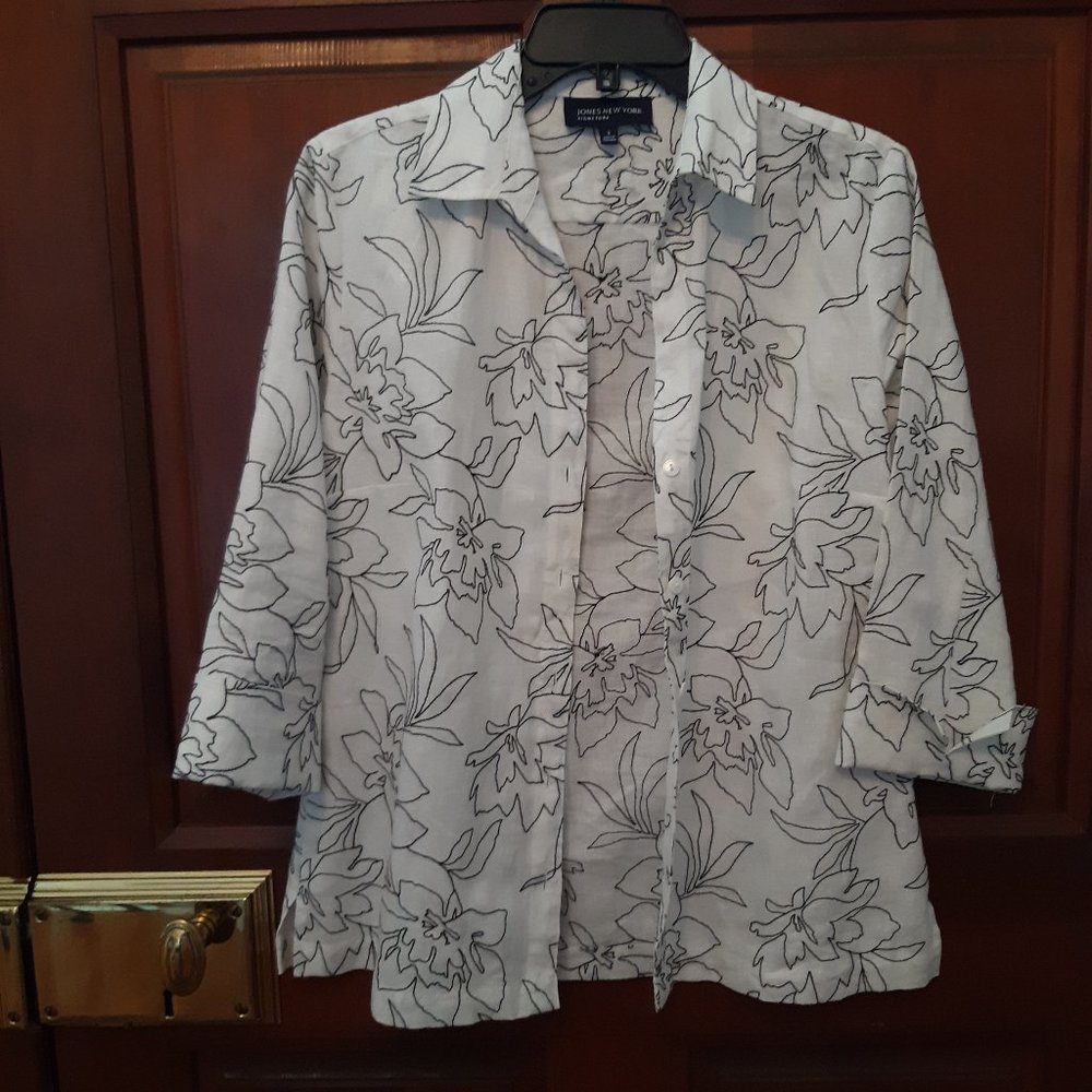 Jones of New York White/Black Linen Jacket - Size Small